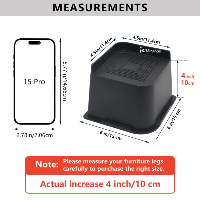 HANIHUA 6 Pack Bed Risers 4 inch Heavy Duty, Oversized Furniture Risers, Black Bed Lifts Risers for Table, Sofa, Chair, Couch, Desk, Bed Frame Risers Supports Up to 6,500 Lbs - Image 2